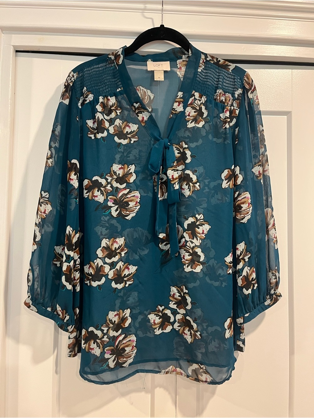 LOFT Teal Floral Tie-Neck Blouse with Smocked Yoke